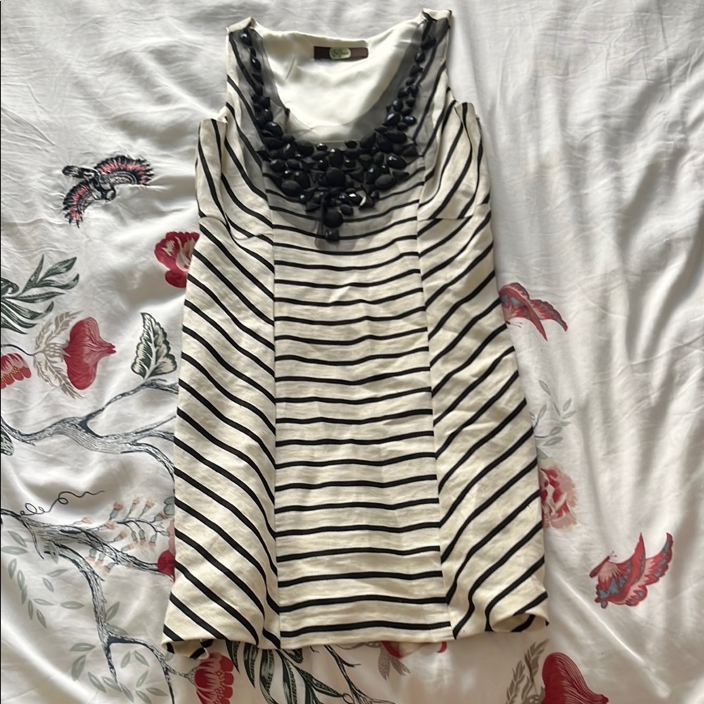 vintage Striped Sleeveless Dress with Black Beaded Neckline